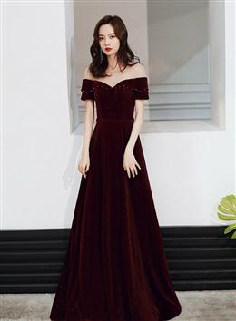 Picture of Wine Red Color Velvet Long A-line Bridesmaid Dresses, Wine Red Color Prom Dress